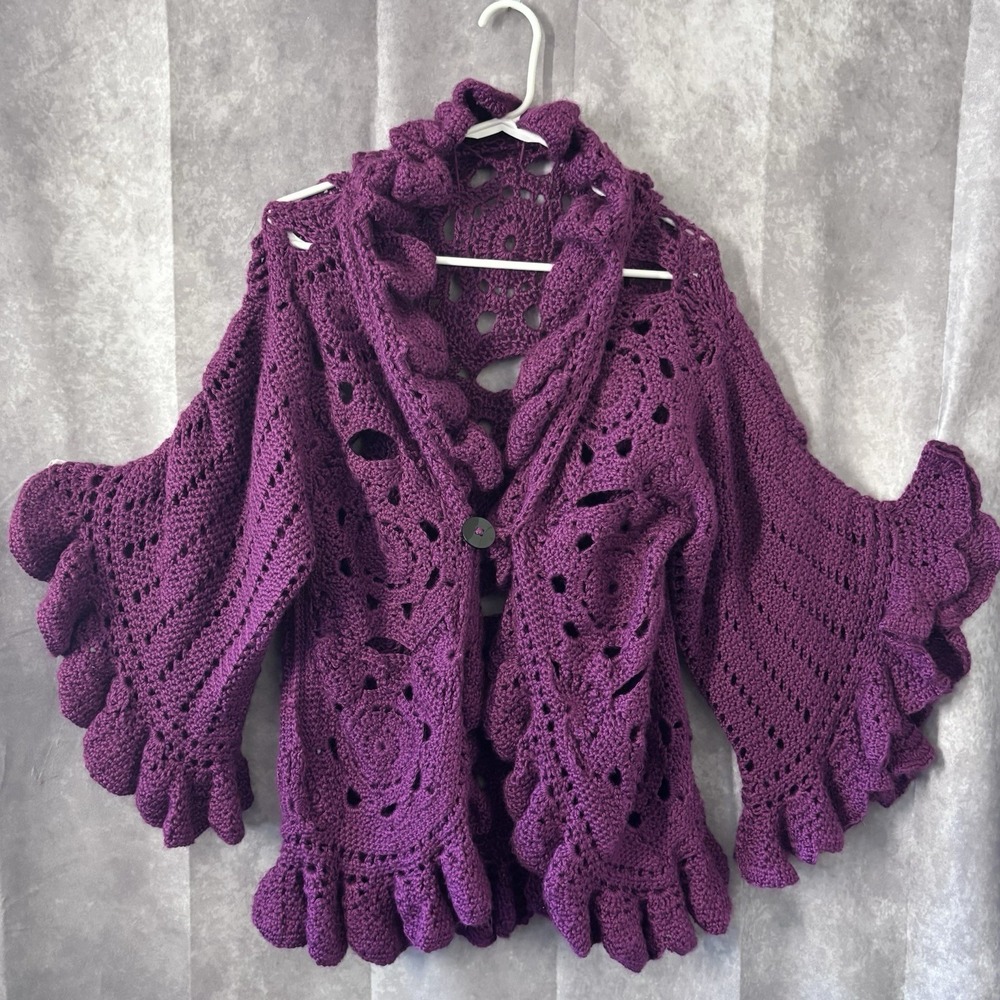 100% Handmade Large Purple Willow Granny Square Cardigan Ruffle Bell‎ Sleeves - Picture 2 of 12